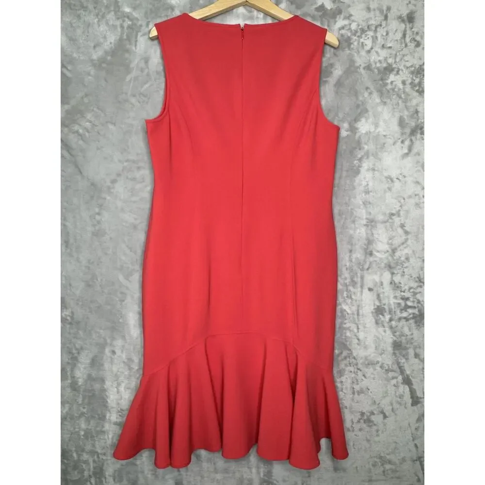 St. John Dress Womens 12 Coral Sheath Sleeveless Ruffle Hem Career Minimalist